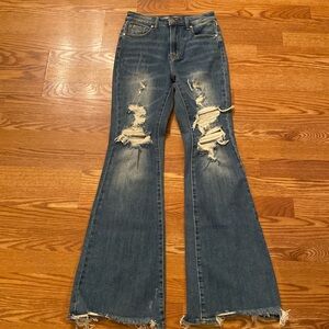 Risen Blue Flare Jeans with Distressed Details